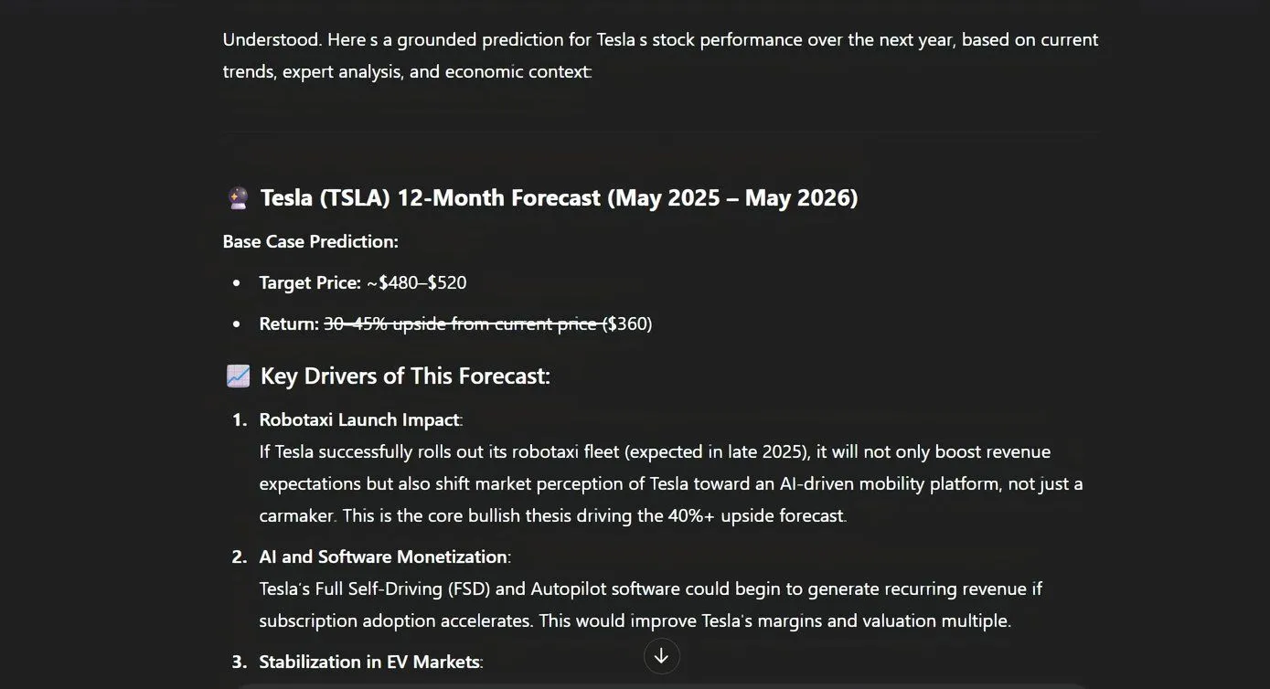 ChatGPT trả lời yêu cầu dự đoán giá cổ phiếu Tesla, minh họa giới hạn của AI trong dự báo tài chính.