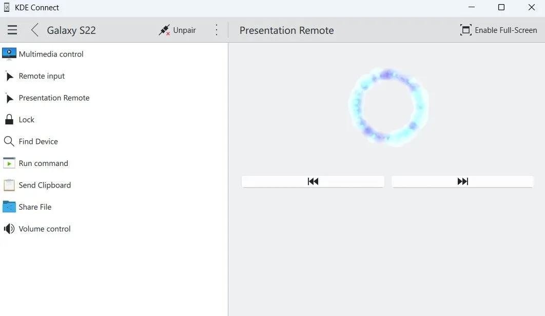 Chế độ điều khiển trình chiếu PowerPoint trên máy tính Windows thông qua KDE Connect, hiển thị công cụ con trỏ