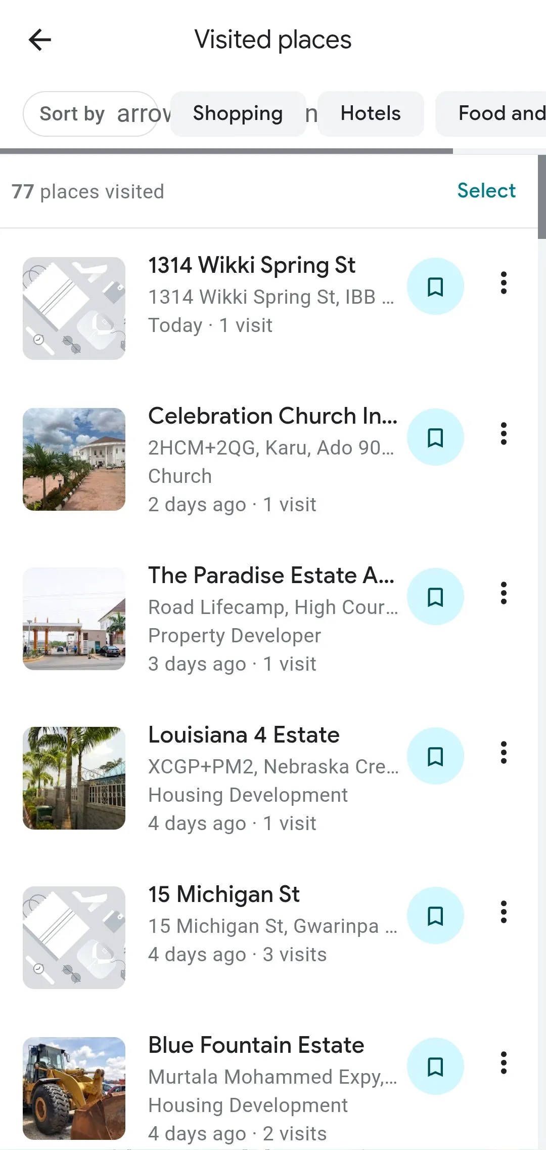 Chế độ xem bản đồ của Google Maps hiển thị các địa điểm đã ghé thăm