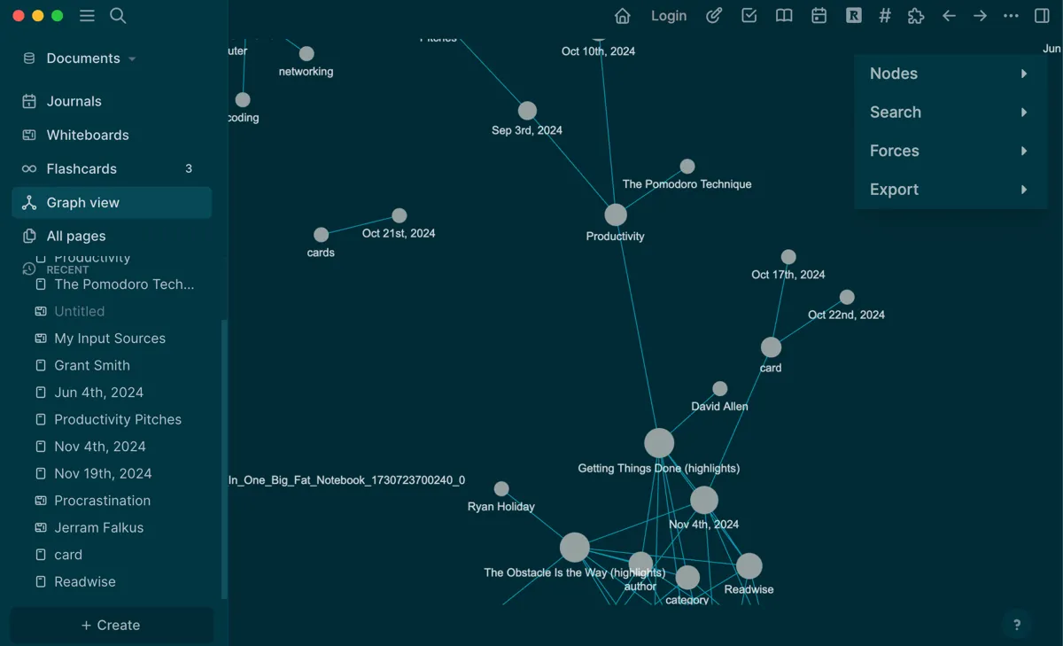 Chế độ xem đồ thị (Graph View) của Logseq hiển thị mạng lưới các ghi chú liên quan đến năng suất, minh họa các kết nối sâu sắc giữa các ý tưởng trong PKM