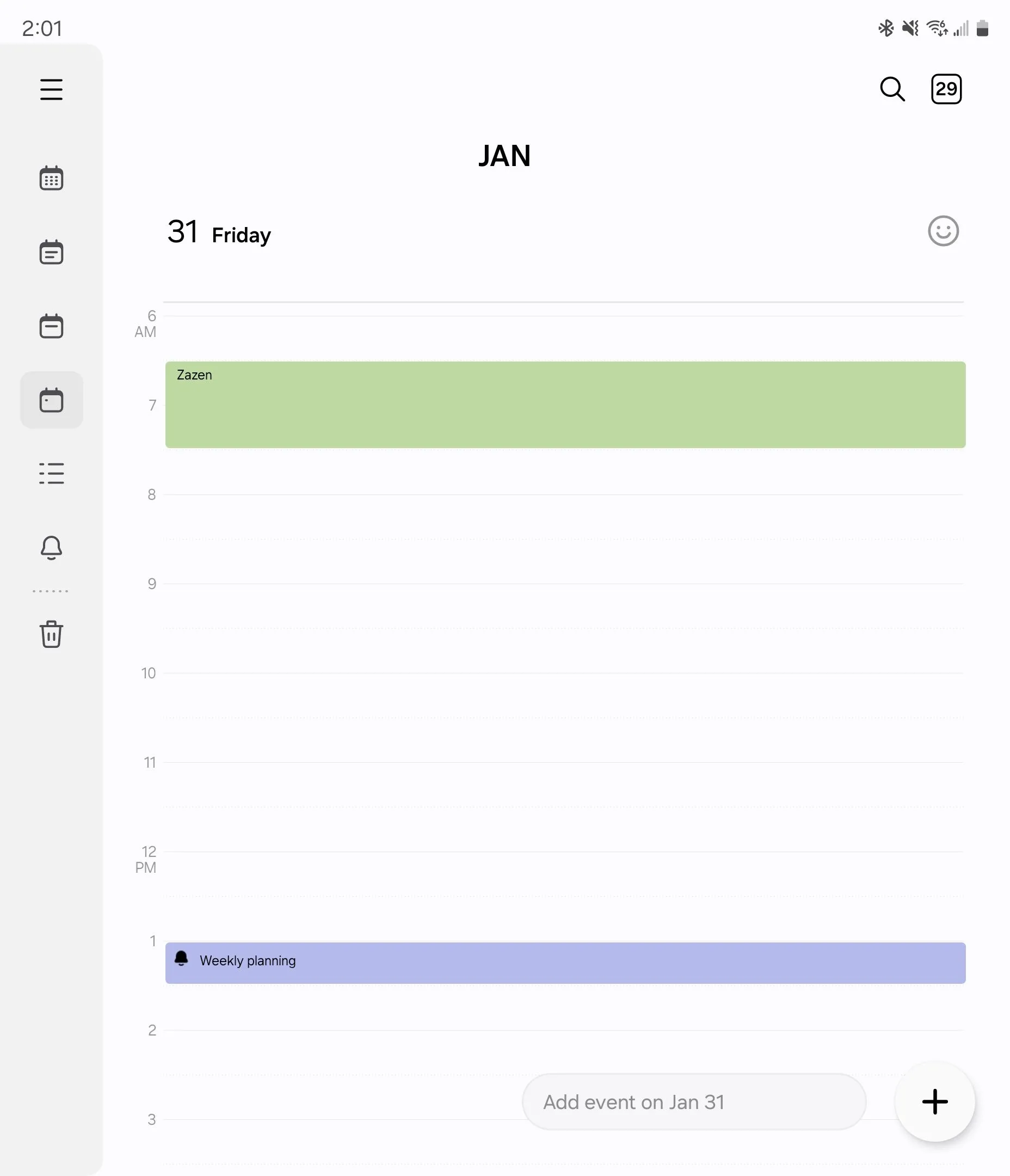 Chế độ xem ngày trong Samsung Calendar hiển thị cả sự kiện và nhắc nhở từ Samsung Reminder, cho thấy khả năng tích hợp liền mạch.
