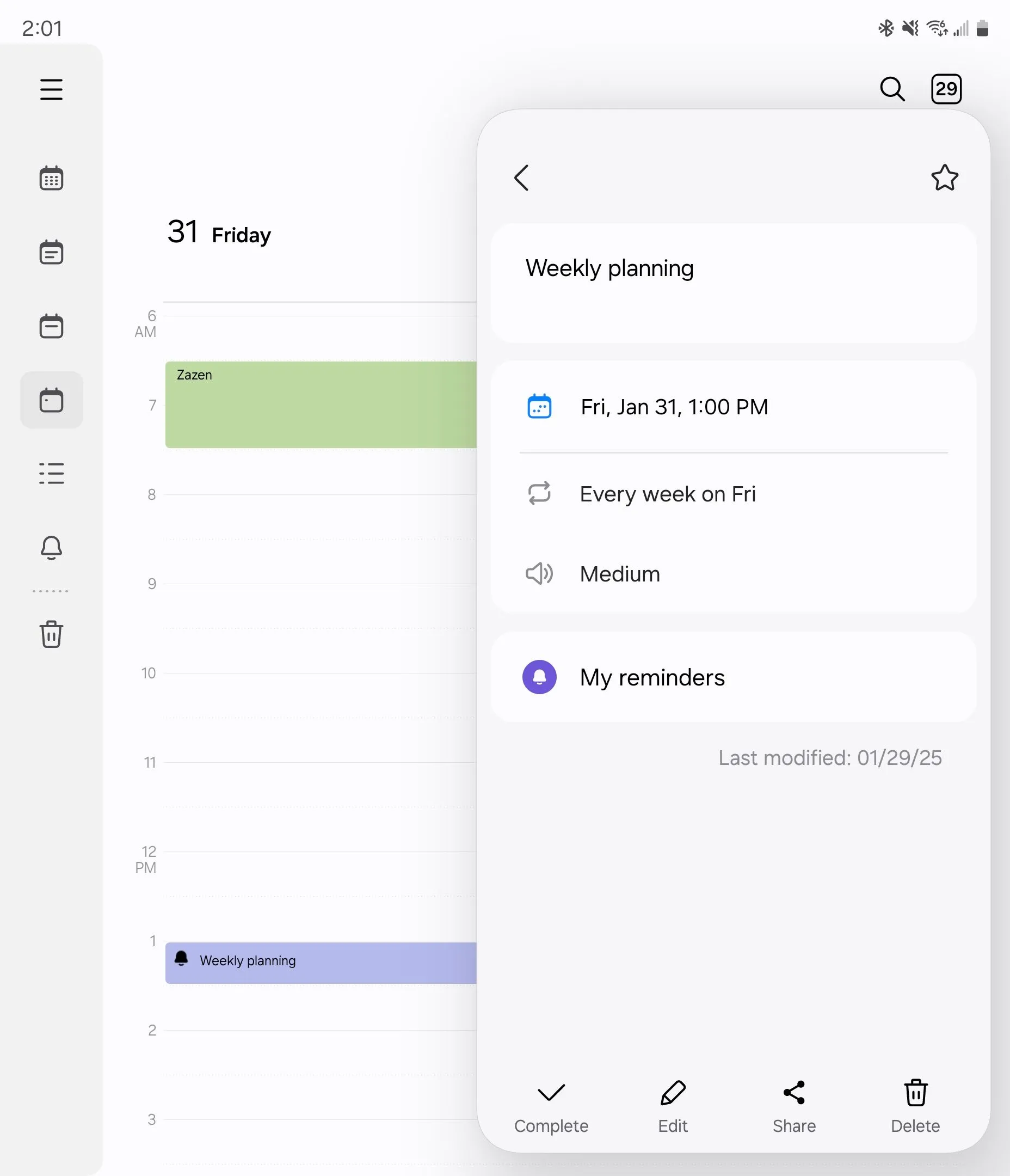 Chi tiết của một nhắc nhở từ ứng dụng Samsung Reminder được hiển thị trực tiếp trong Samsung Calendar, giúp quản lý công việc và lịch trình hiệu quả.