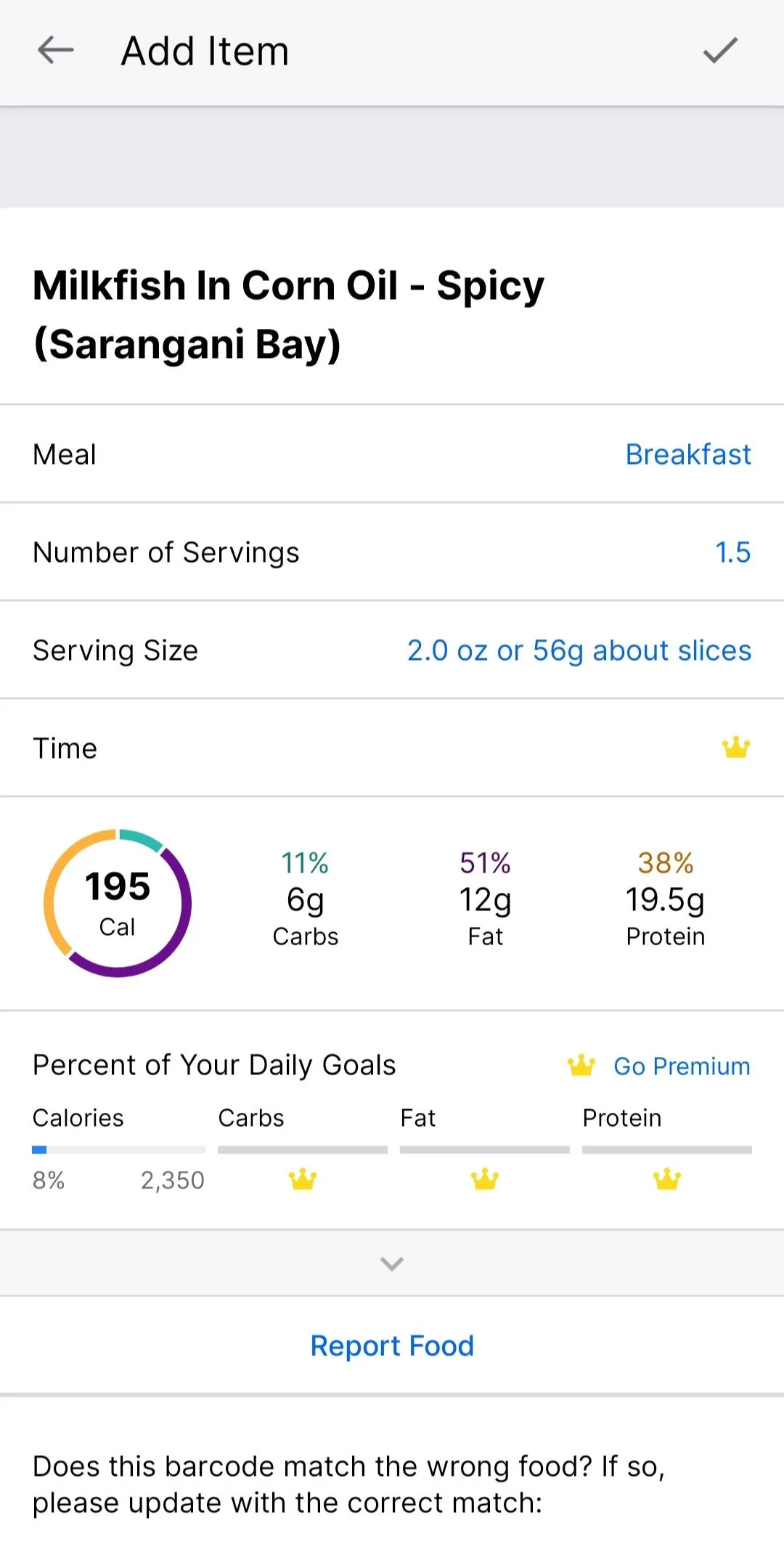 Chi tiết dinh dưỡng và khẩu phần ăn của món cá măng sữa trên MyFitnessPal