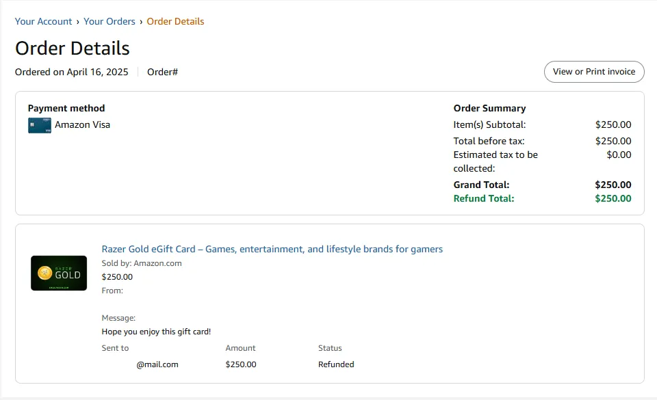 Chi tiết đơn hàng thẻ quà tặng Razer Gold giả mạo trên Amazon