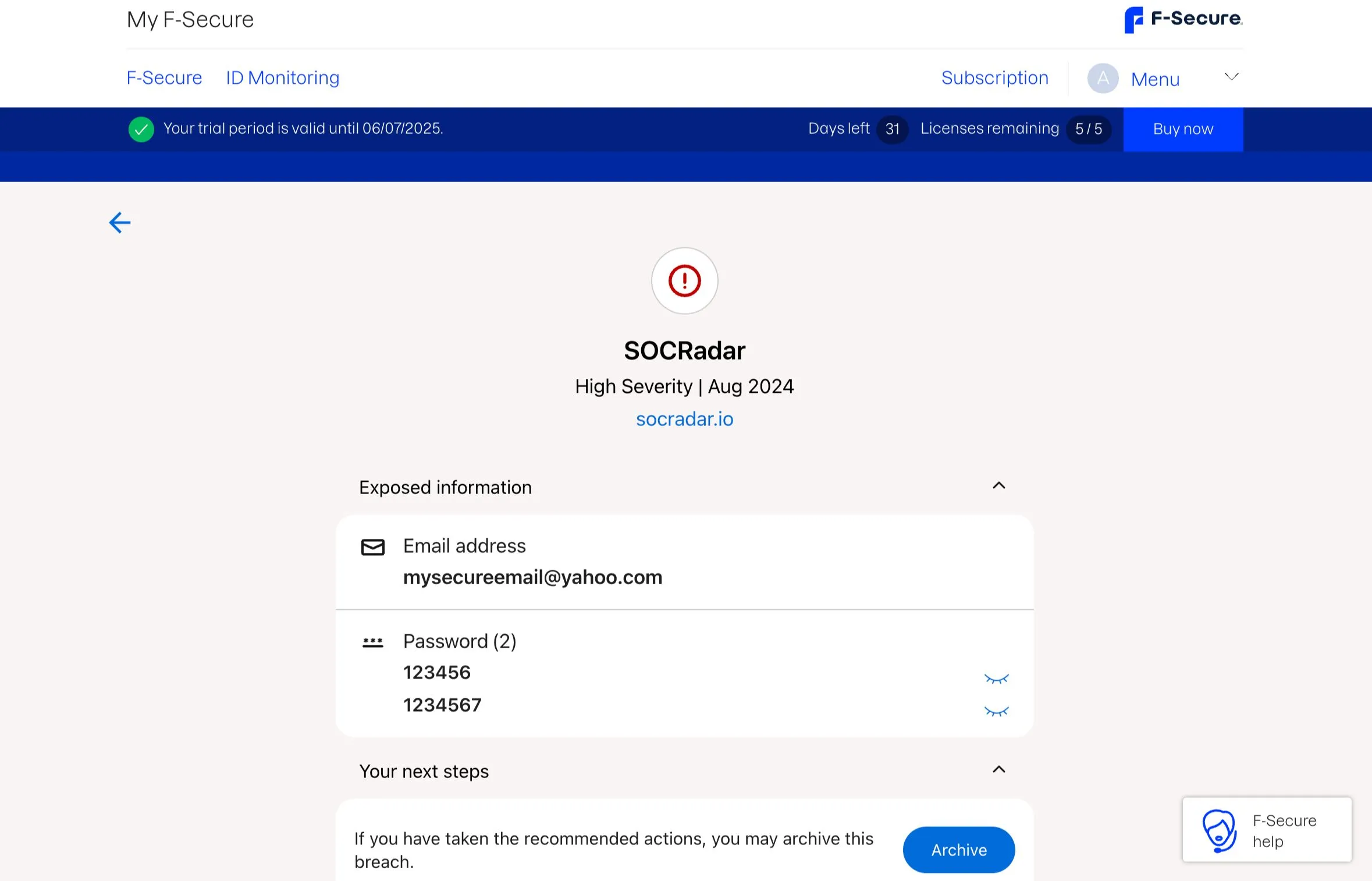Chi tiết thông tin rò rỉ dữ liệu cá nhân trên Dark Web, bao gồm mức độ nghiêm trọng và thời gian phát hiện