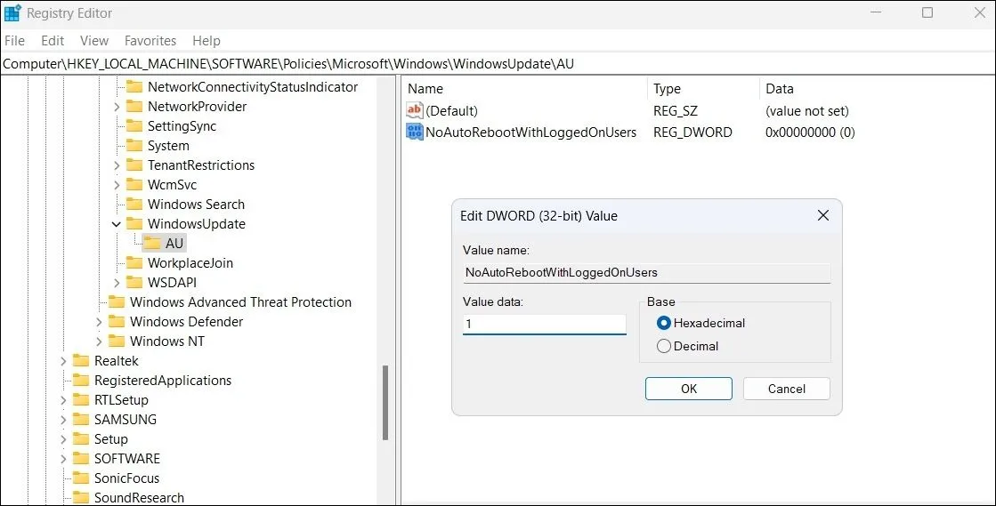 Chỉnh sửa giá trị DWORD trong Registry Editor để ngăn khởi động lại