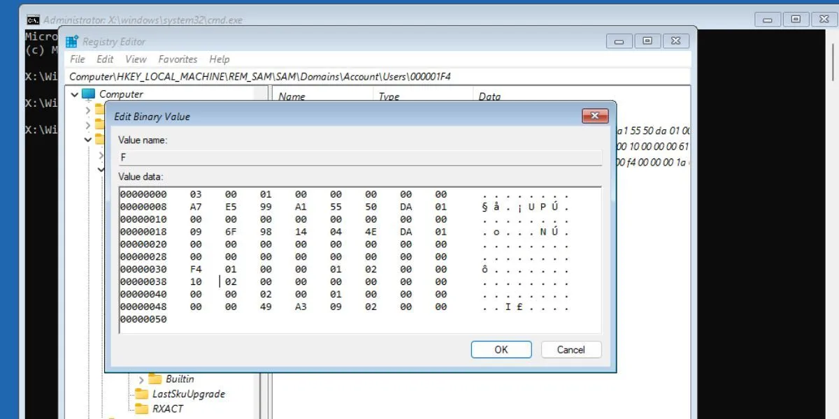 Chỉnh sửa giá trị nhị phân F trong Registry Editor để kích hoạt tài khoản quản trị viên ẩn
