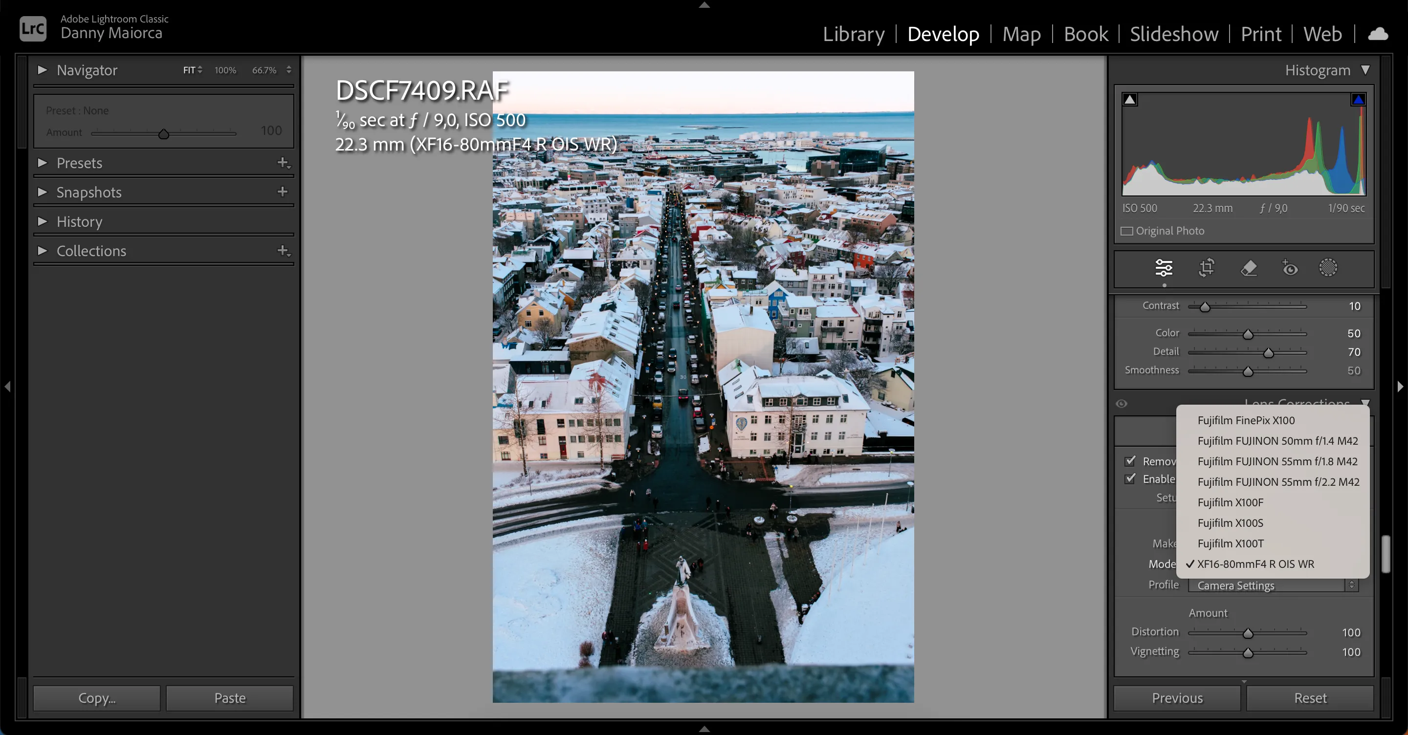 Chỉnh sửa hồ sơ ống kính và các thiết lập nâng cao trong phần mềm Adobe Lightroom trên máy tính.
