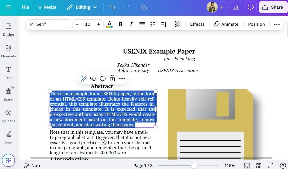 Chỉnh sửa tệp PDF trực tiếp trong giao diện ứng dụng Canva trên máy tính, minh họa tính năng chỉnh sửa PDF hiệu quả.