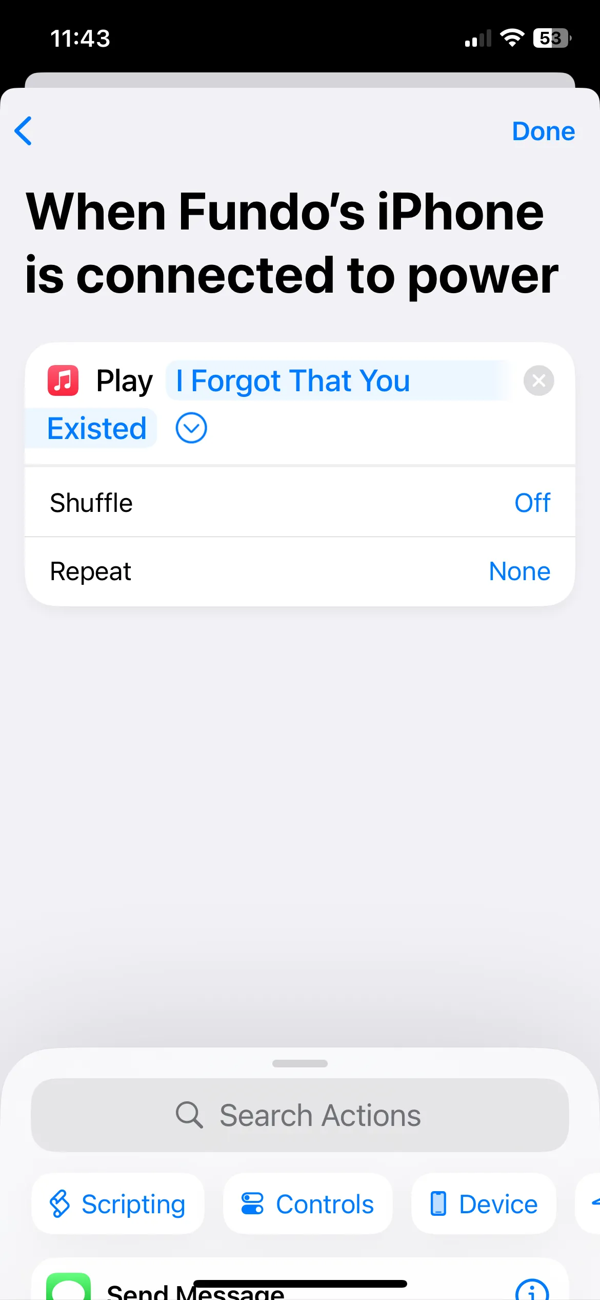 Chọn bài hát từ Apple Music cho tác vụ Phát nhạc trong Phím tắt iPhone