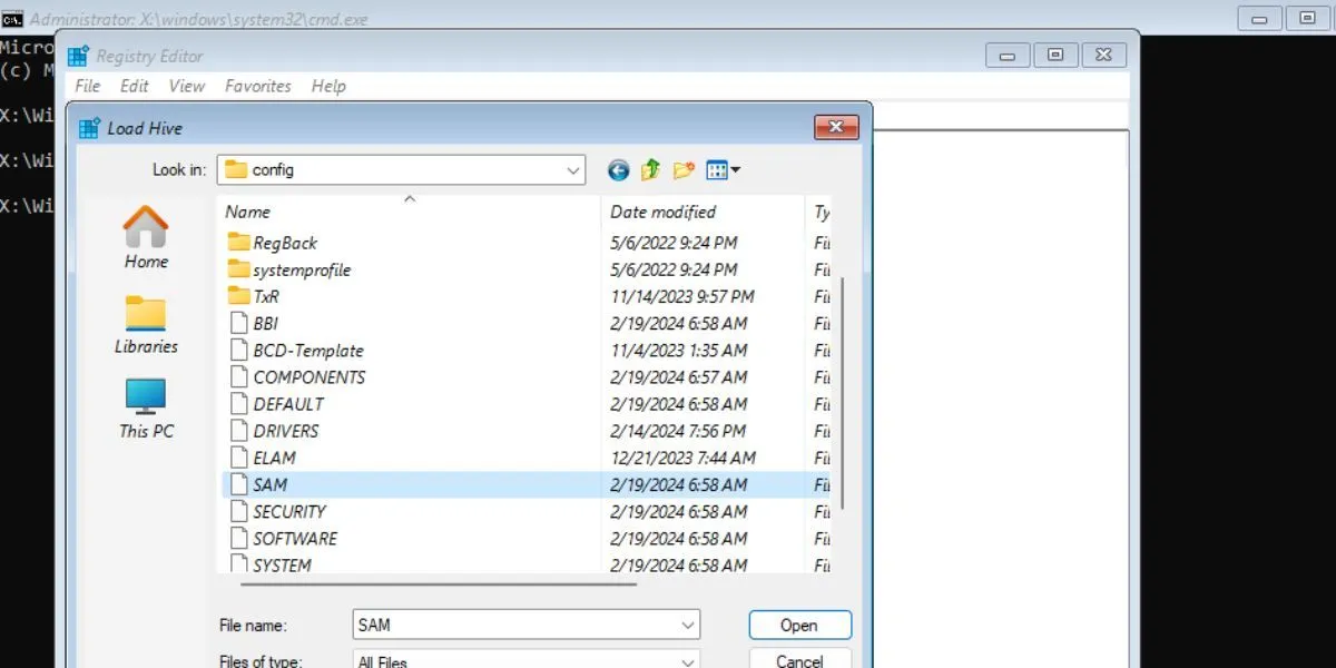 Chọn file SAM để tải Hive trong Registry Editor khi kích hoạt tài khoản Administrator