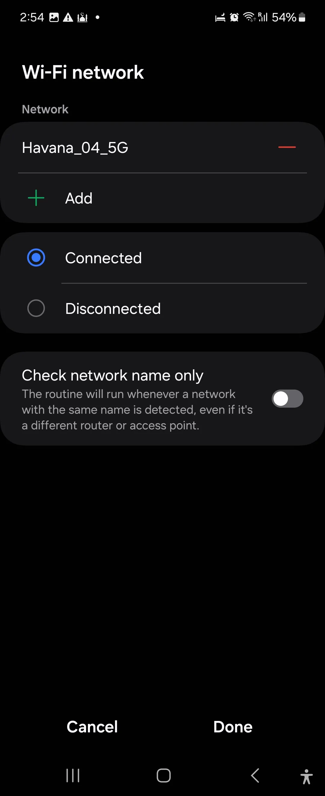 Chọn mạng Wi-Fi để kích hoạt quy trình tự động thay đổi màn hình khóa theo địa điểm trong ứng dụng Samsung Modes and Routines