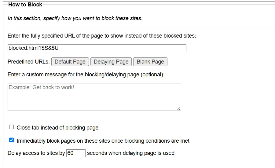 Chọn phương thức chặn trang web ngay lập tức trong phần &quot;How to Block&quot; của LeechBlock NG để tối ưu sự tập trung.