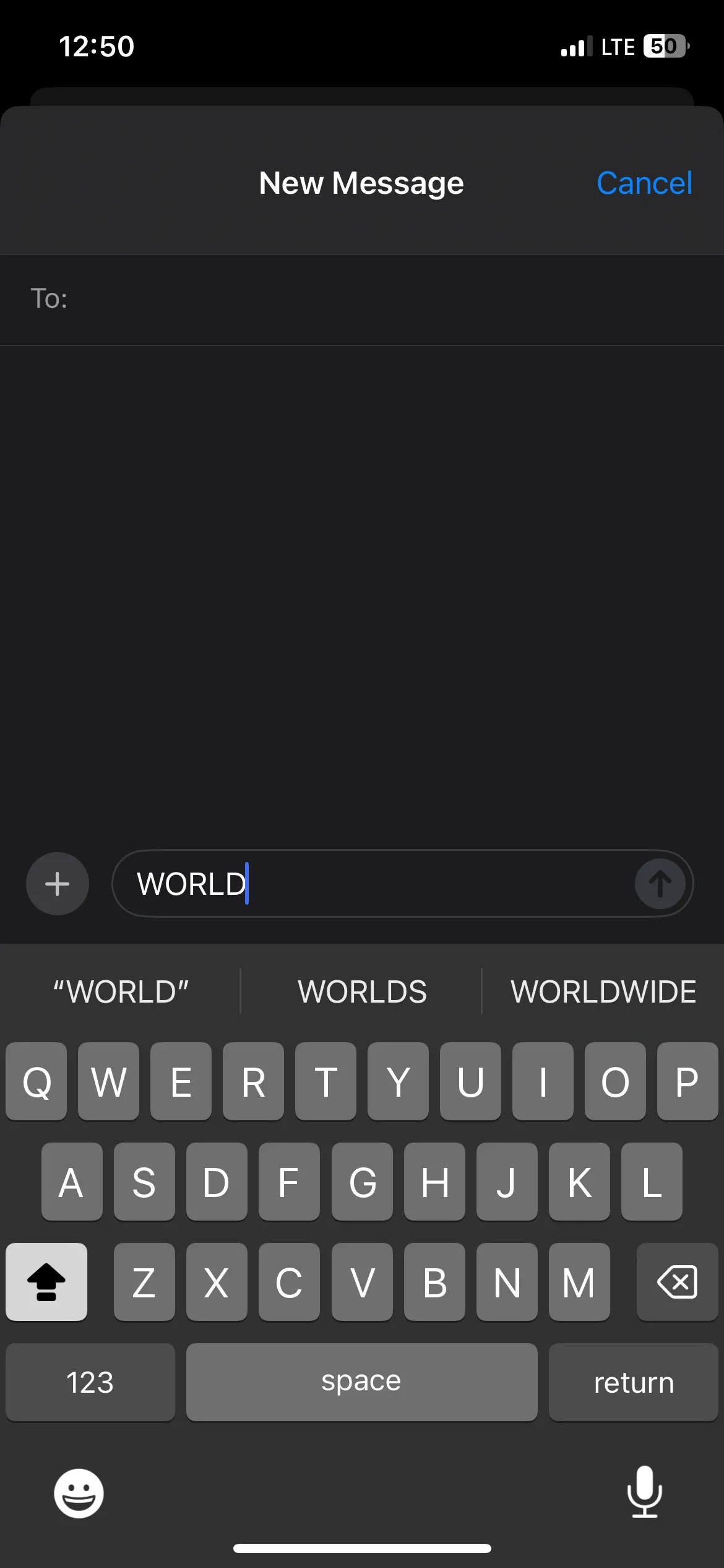 Chữ &quot;WORLD&quot; được viết hoa trên iPhone, minh họa mẹo gõ chữ in hoa nhanh.