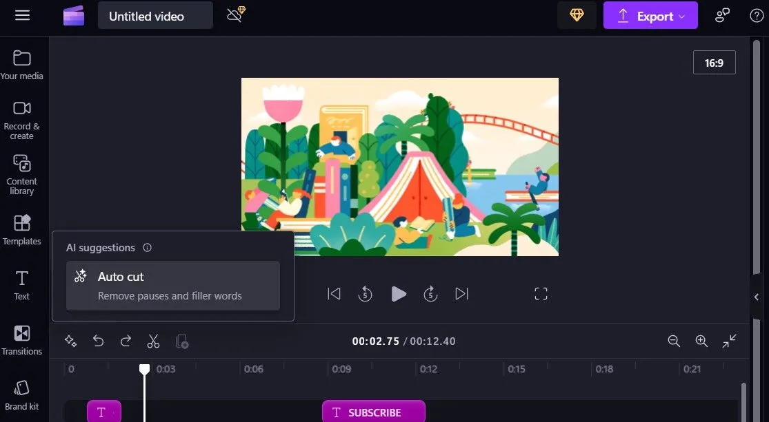 Chức năng Auto Cut để tự động loại bỏ khoảng lặng và từ lặp trong Clipchamp
