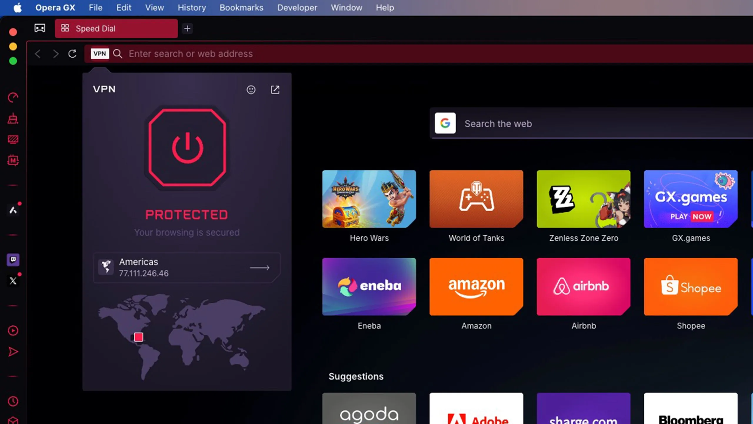 Chức năng VPN tích hợp trên trình duyệt Opera GX giúp người dùng ẩn danh và vượt bóp băng thông