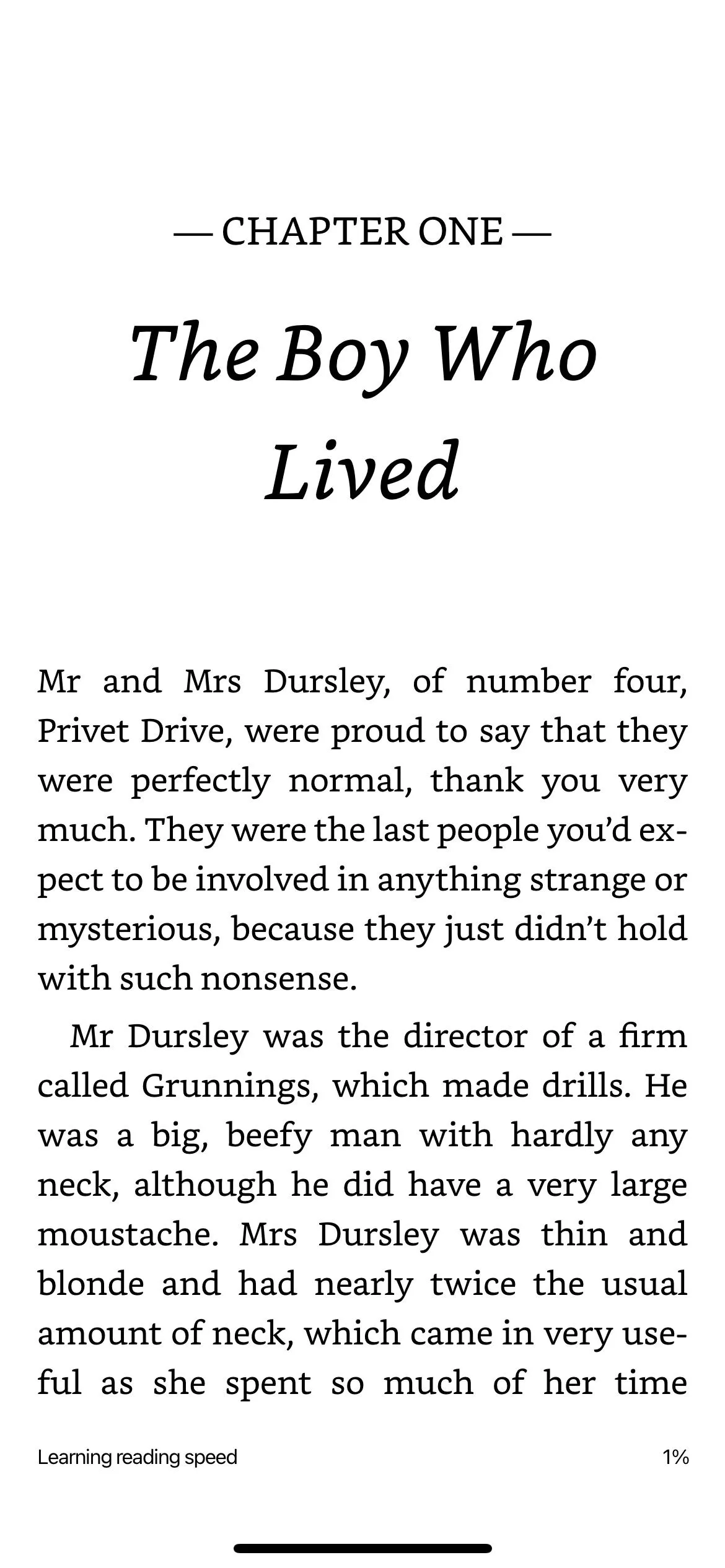 Chương một cuốn sách Harry Potter đang mở trong ứng dụng Kindle