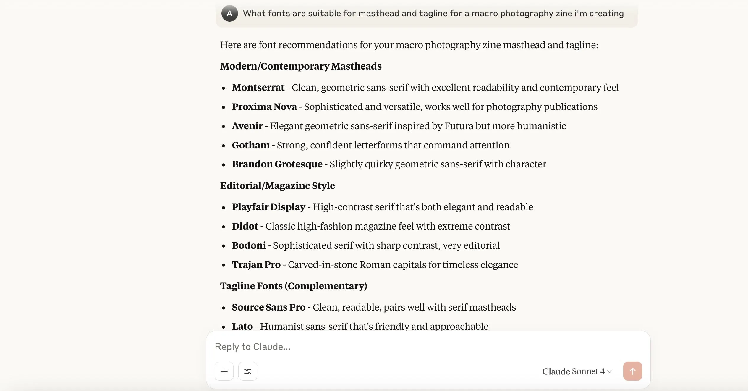 Claude hiển thị ý tưởng thiết kế chữ (Typography Ideas) rõ ràng và dễ đọc