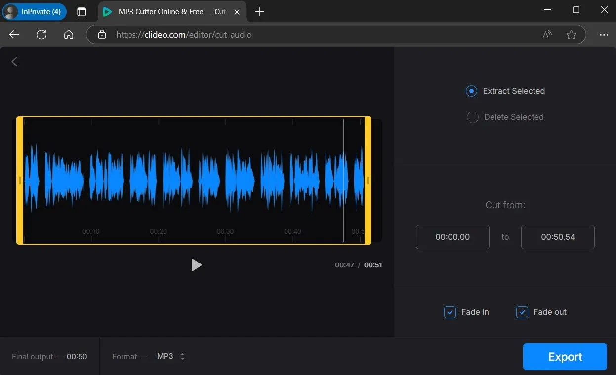 Clideo Audio Cutter giao diện chỉnh sửa âm thanh trực tuyến với tùy chọn Fade In Fade Out được chọn.