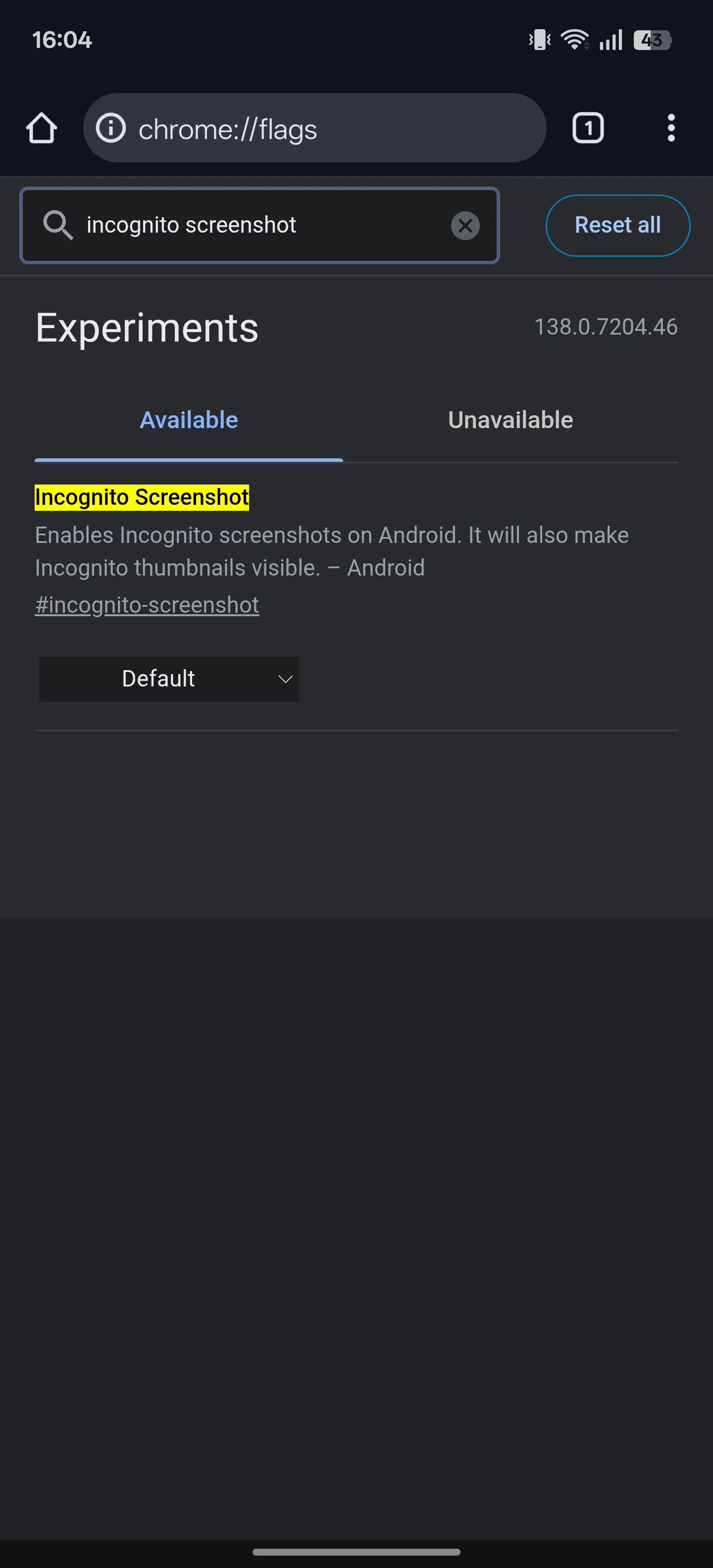 Cờ &quot;Incognito Screenshot&quot; trên trang cài đặt Chrome Flags cho phép bật tính năng chụp ảnh màn hình trong chế độ ẩn danh