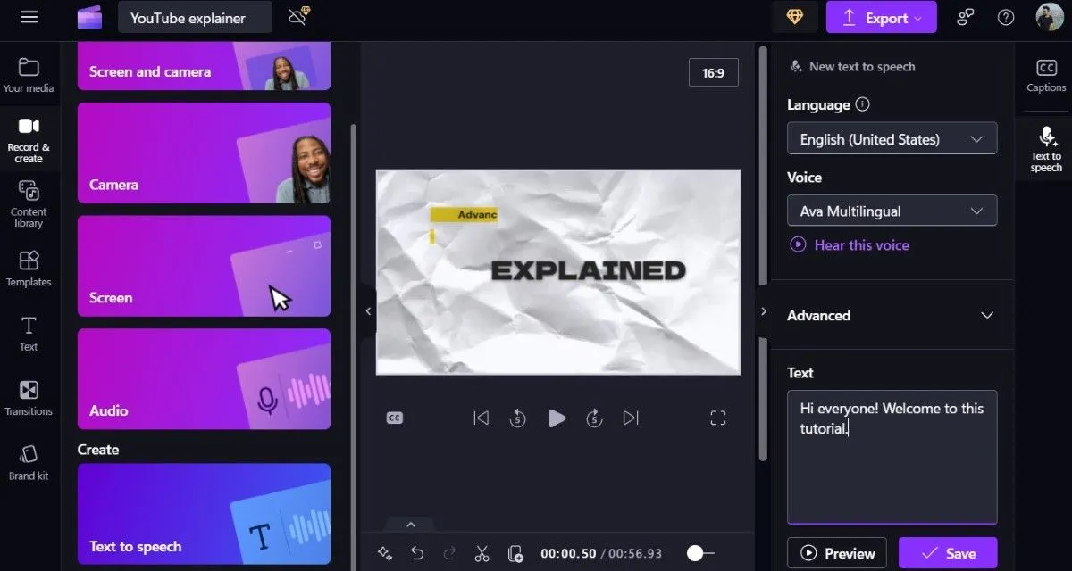 Công cụ chuyển văn bản thành giọng nói (Text-to-Speech) của Clipchamp với các tùy chọn ngôn ngữ và giọng đọc