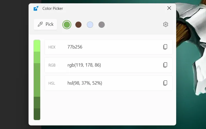 Công cụ Color Picker của PowerToys trên Windows hiển thị bảng màu và các định dạng màu khác nhau