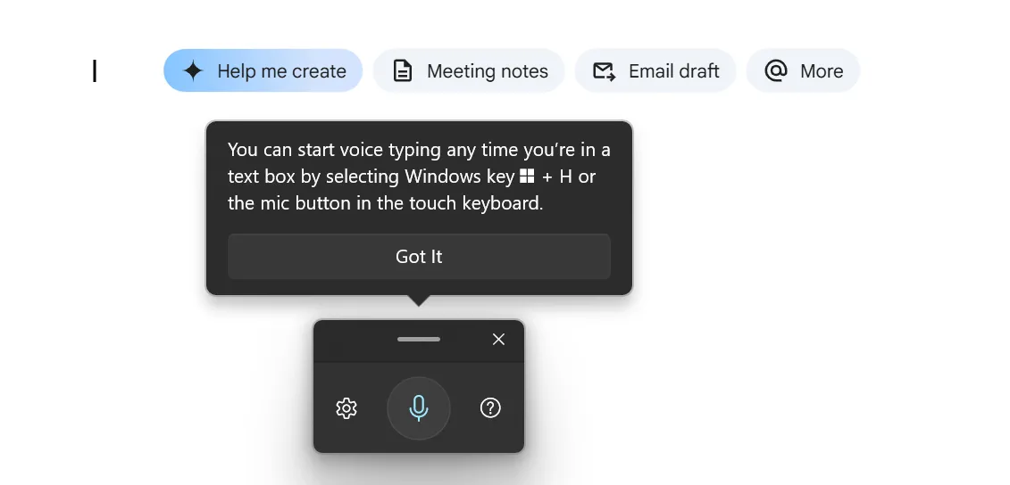 Công cụ gõ giọng nói của Windows được kích hoạt trên một tài liệu Google Docs trống