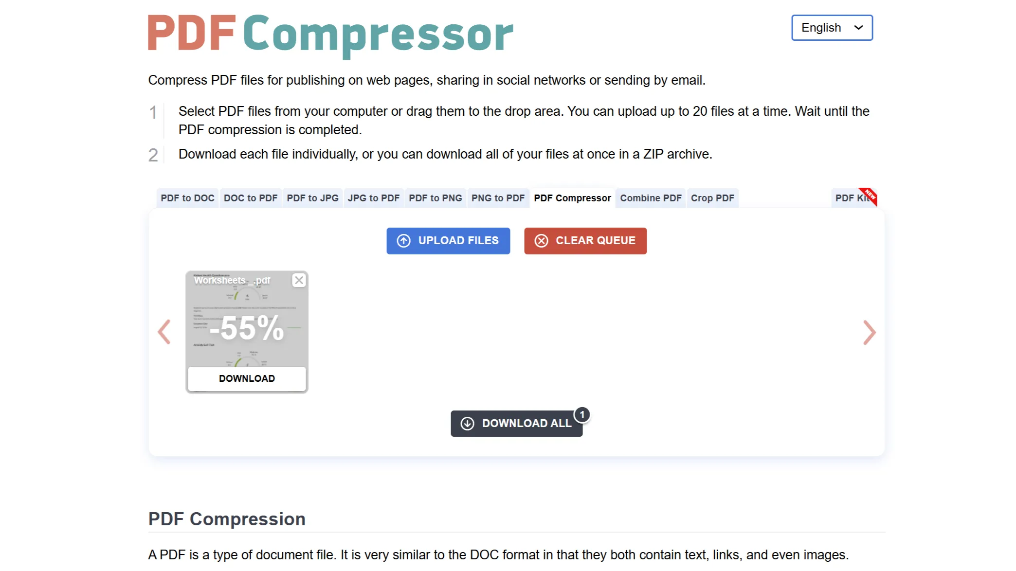 Công cụ PDF Compressor hiển thị phần trăm giảm dung lượng file PDF sau khi nén