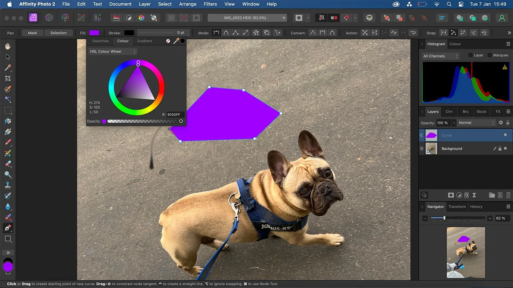 Công cụ Pen Tool của Affinity Photo, cho phép tạo đường cong và hình dạng vector trong chỉnh sửa ảnh.