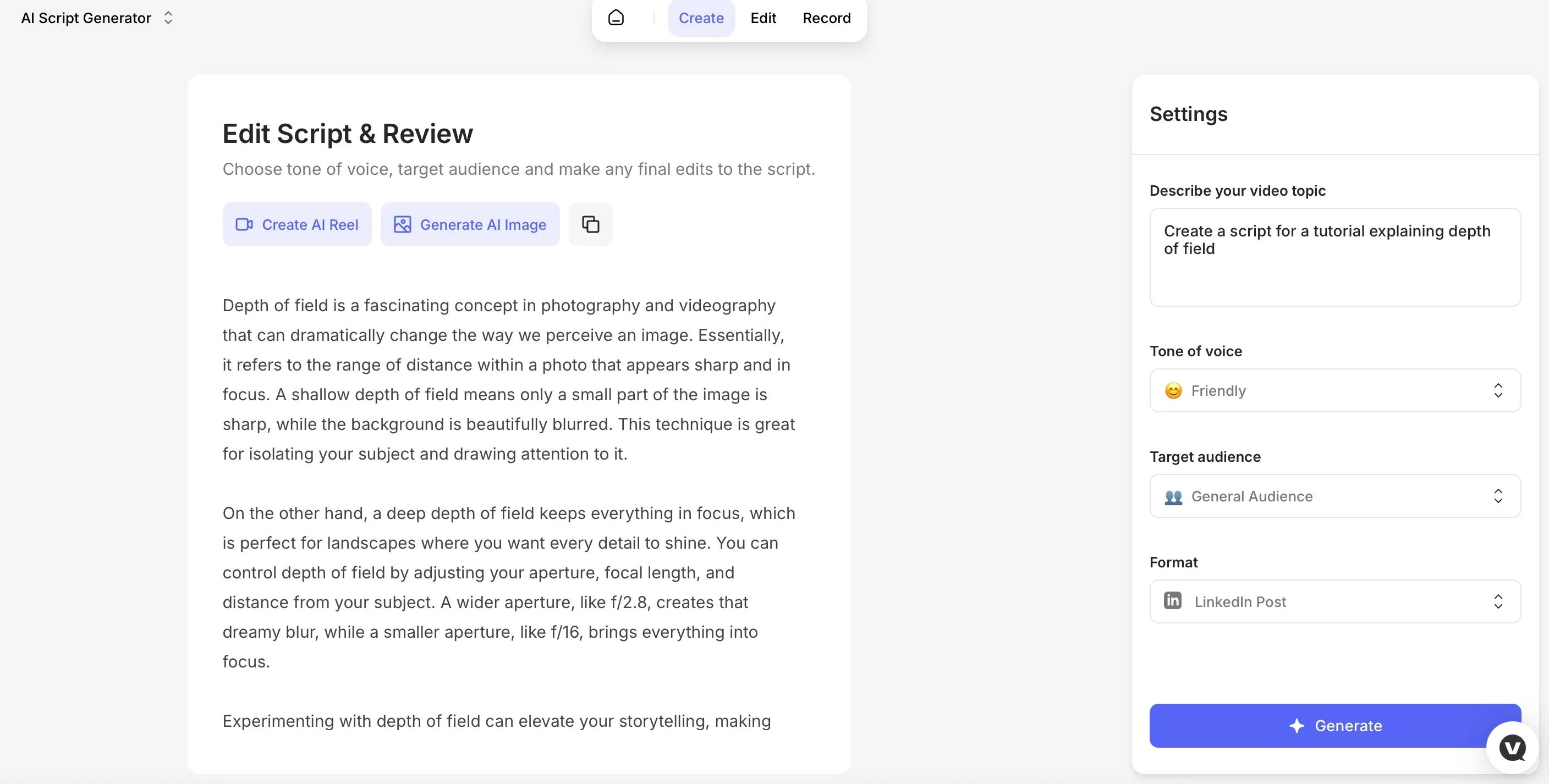 Công cụ tạo Script AI của Veed.io với tùy chọn chỉnh sửa