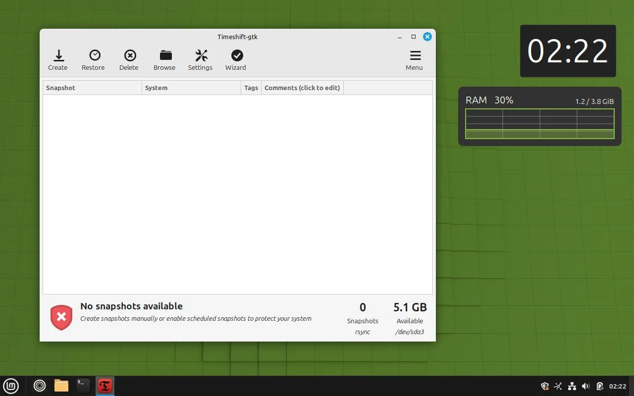 Công cụ Timeshift đang hoạt động trên Linux Mint, giúp tạo ảnh chụp hệ thống để phục hồi khi cần thiết