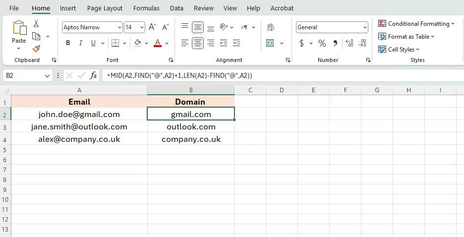 Công thức phức tạp để trích xuất tên miền email trong Excel