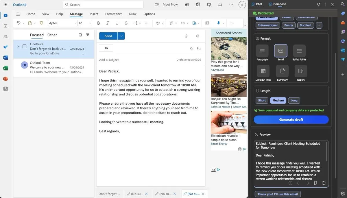 Copilot đang hỗ trợ soạn thảo email trong trình duyệt Microsoft Edge