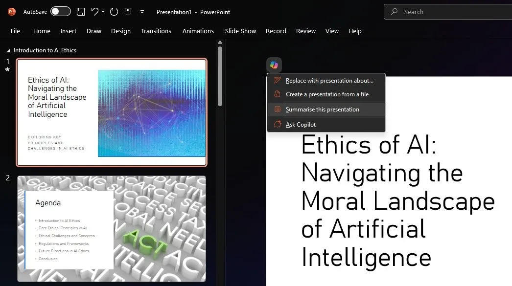Copilot tóm tắt bài thuyết trình trong PowerPoint, minh họa khả năng tích hợp Microsoft 365