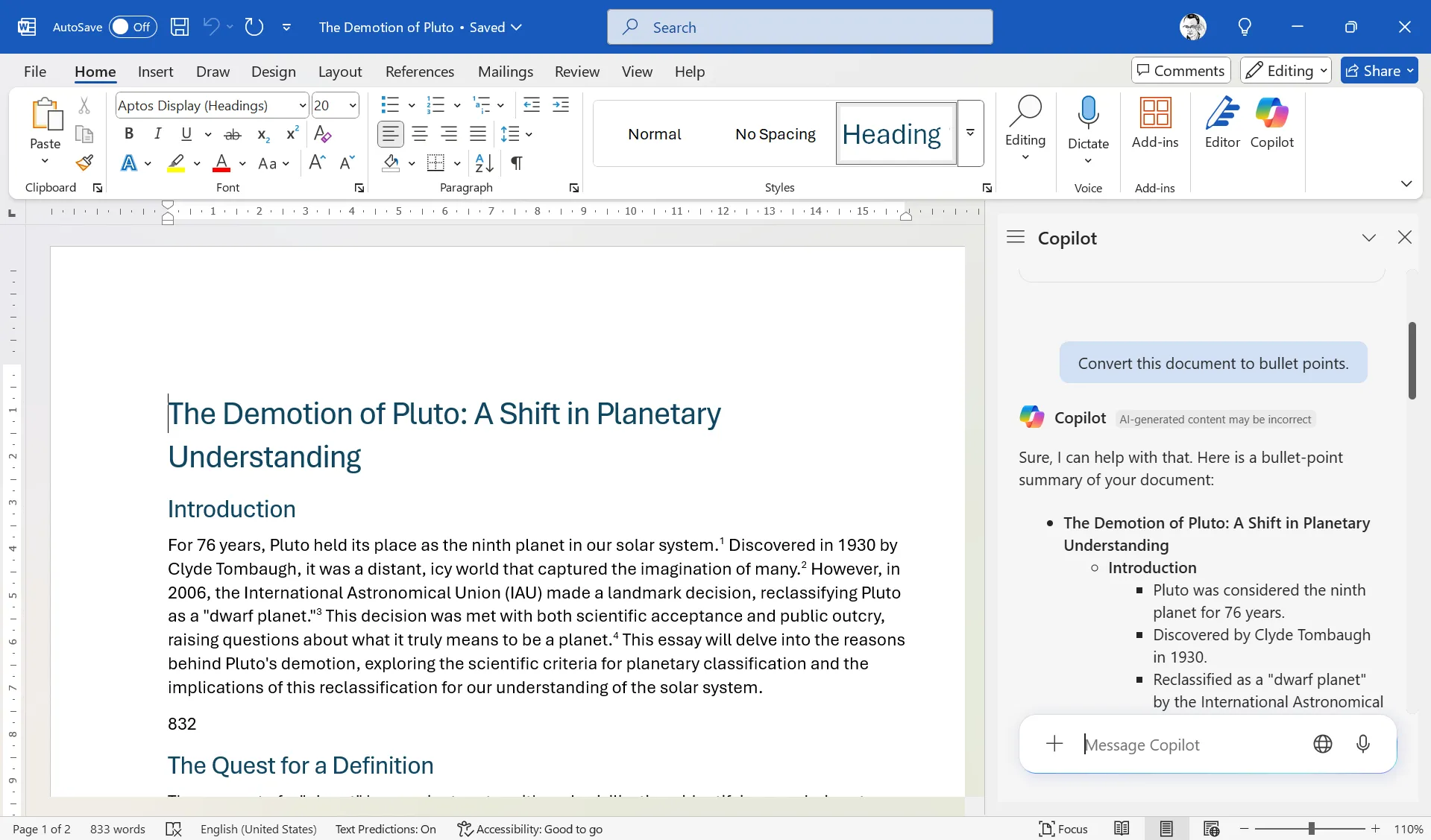 Copilot trong Microsoft Word chuyển đổi văn bản sang định dạng dấu đầu dòng để dễ đọc hơn
