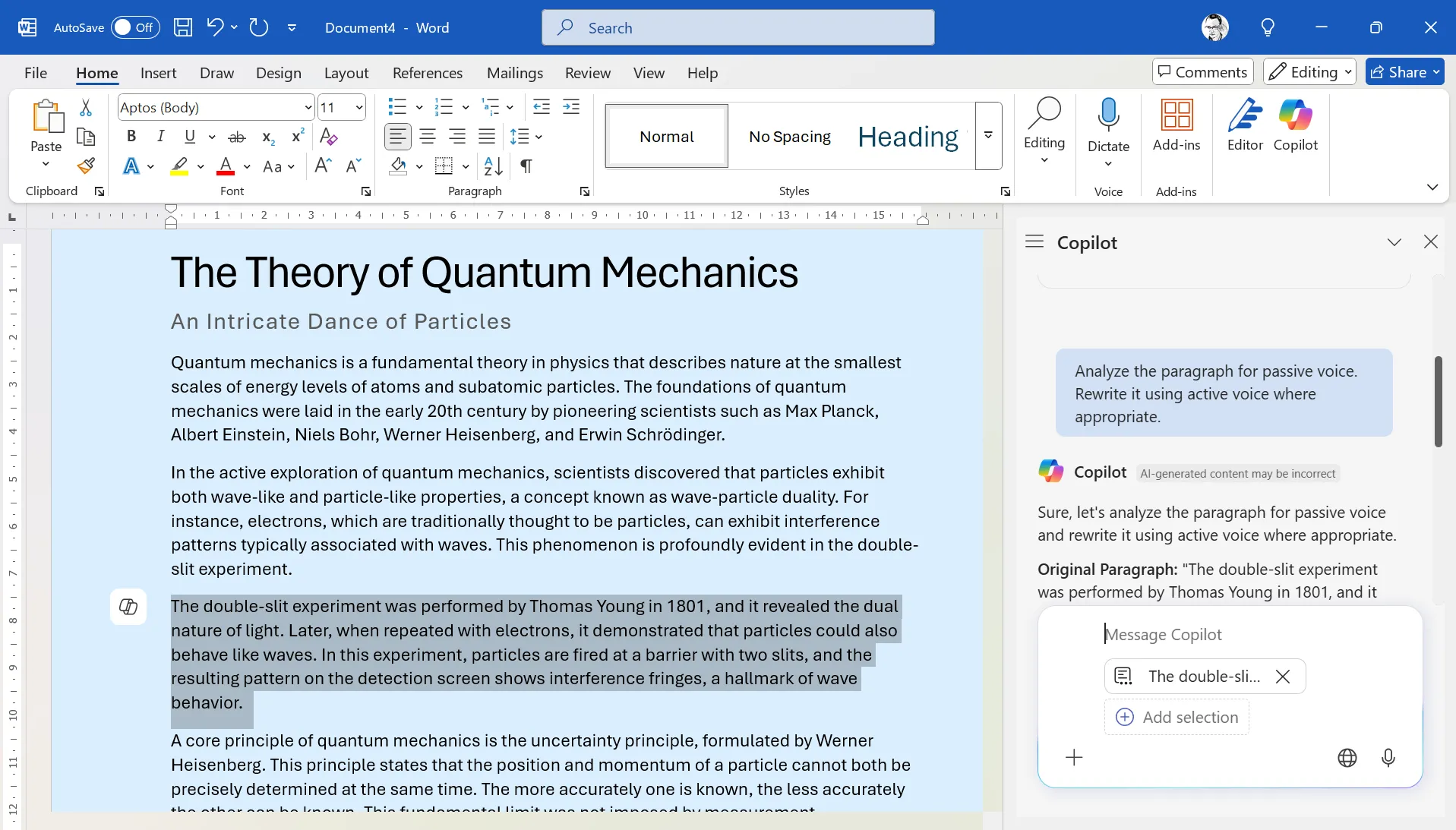 Copilot trong Microsoft Word hiển thị đề xuất chuyển đổi giọng văn từ bị động sang chủ động giúp câu văn mạch lạc hơn