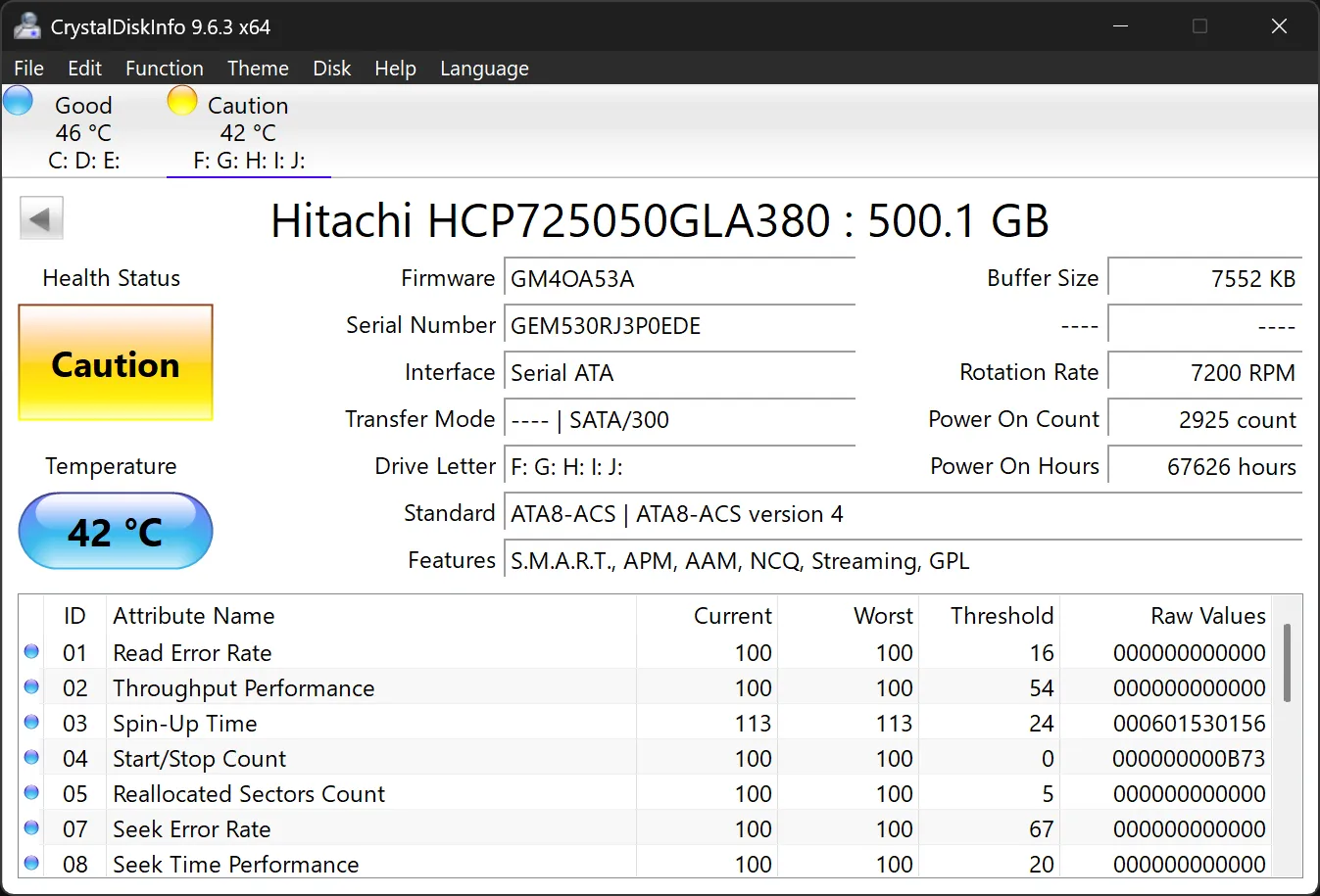 CrystalDiskInfo hiển thị cảnh báo sức khỏe ổ cứng HDD cần được kiểm tra và sao lưu dữ liệu