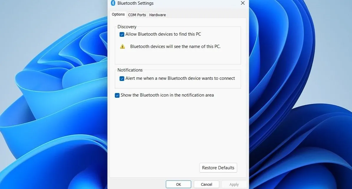 Cửa sổ Cài đặt Bluetooth trên Windows hiển thị tùy chọn hiển thị biểu tượng.
