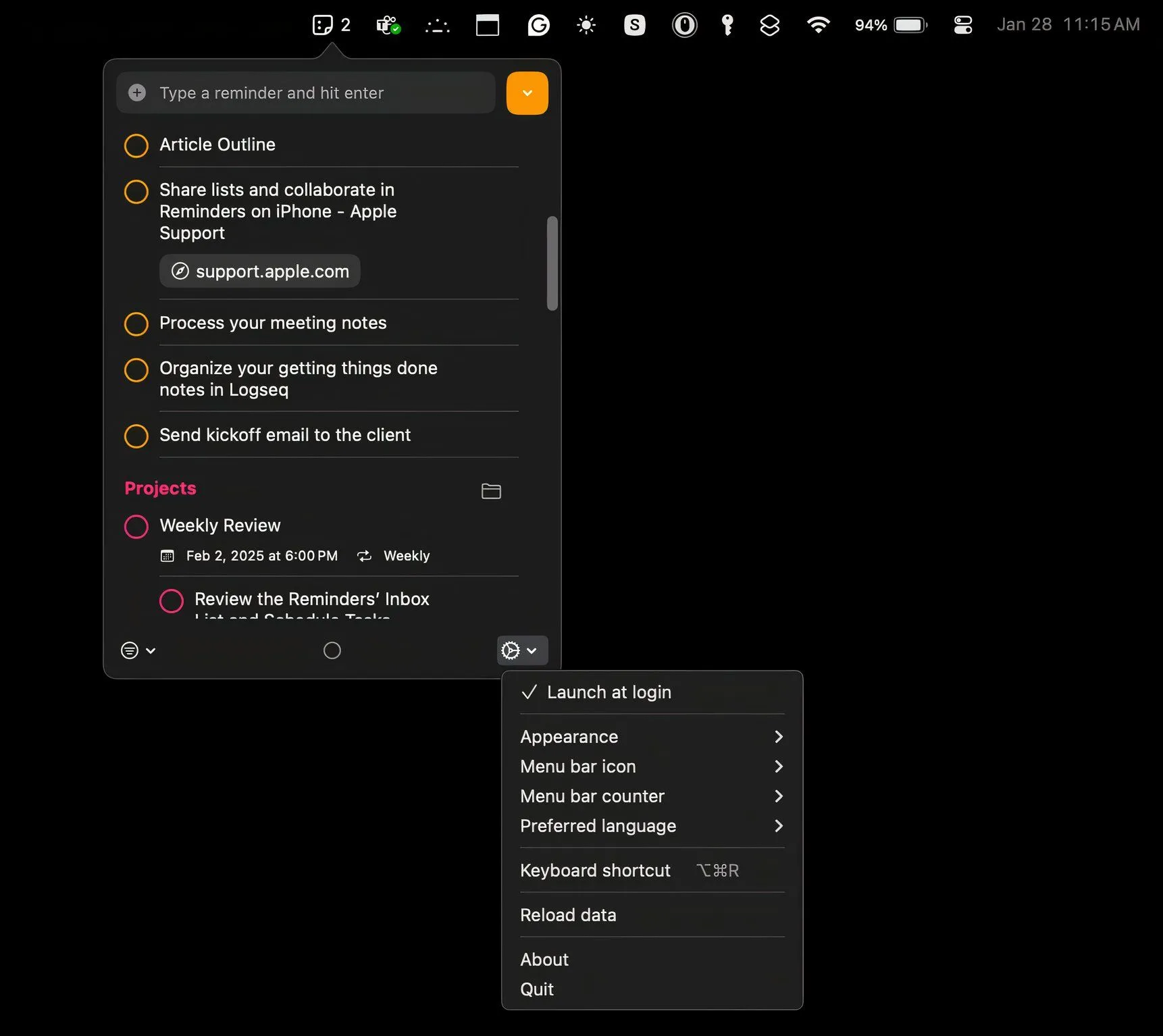 Cửa sổ cài đặt của ứng dụng Reminders MenuBar trên Mac