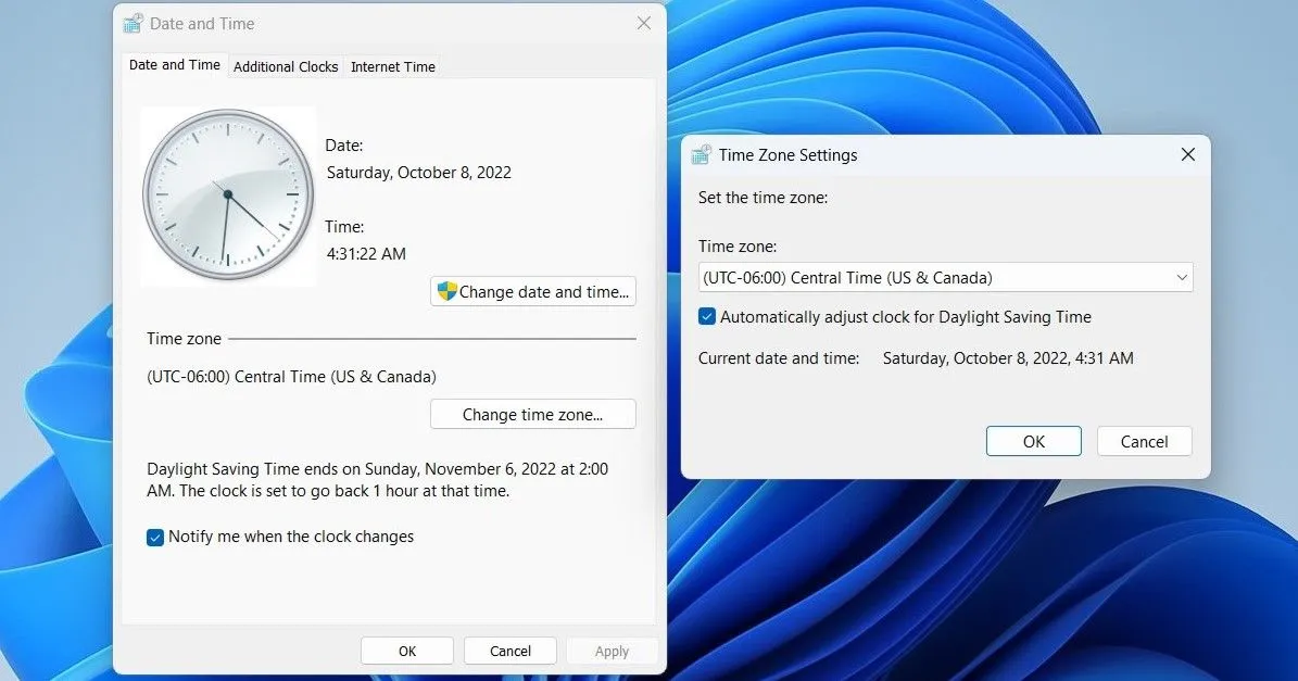 Cửa sổ Cài đặt Ngày và Giờ, Múi giờ trên Windows 11, hiển thị tùy chọn tự động điều chỉnh Giờ Mùa Hè