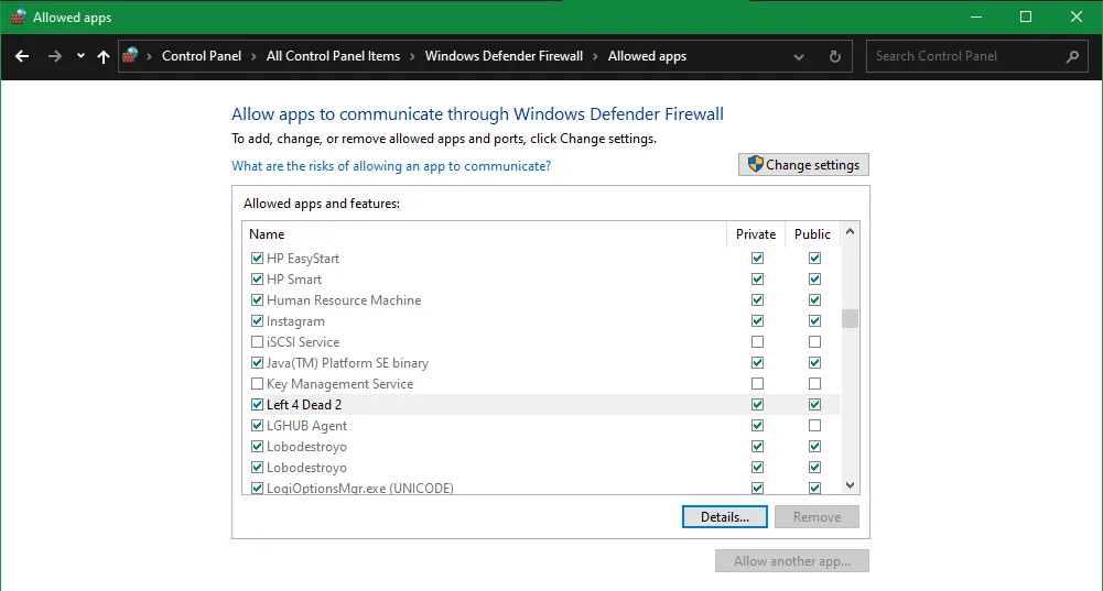 Cửa sổ Cài đặt Tường lửa Windows Defender, hiển thị tùy chọn cho phép ứng dụng.