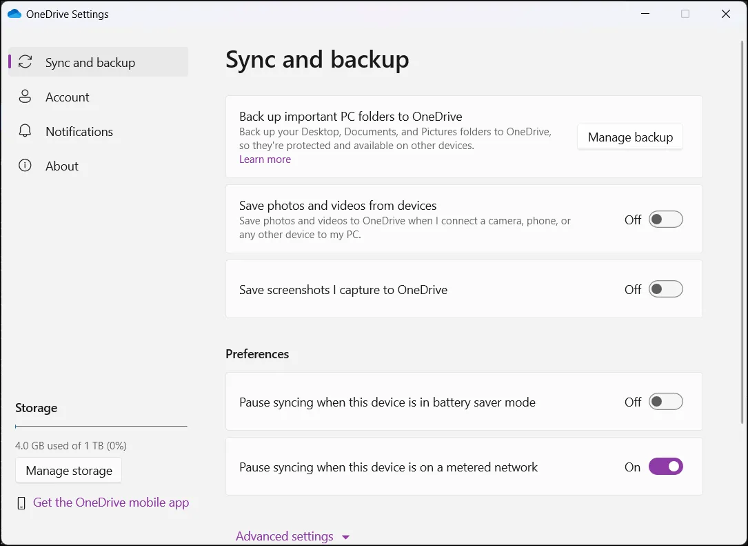 Cửa sổ cài đặt ứng dụng OneDrive trên Windows 11, minh họa khả năng đồng bộ và quản lý dữ liệu trên nền tảng đám mây.