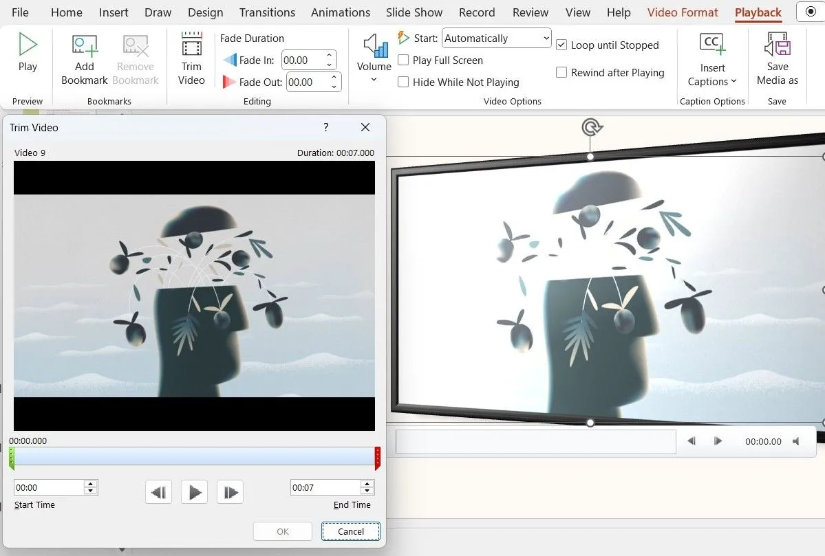Cửa sổ cắt video (Trim Video) trong PowerPoint để điều chỉnh thời lượng phát lại