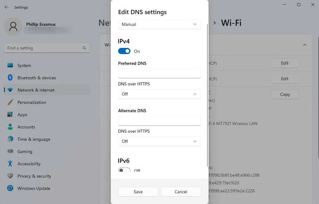 Cửa sổ chỉnh sửa cài đặt DNS trên hệ điều hành, với tùy chọn bật DNS mã hóa (DNS over HTTPS) để tăng cường bảo mật và quyền riêng tư.