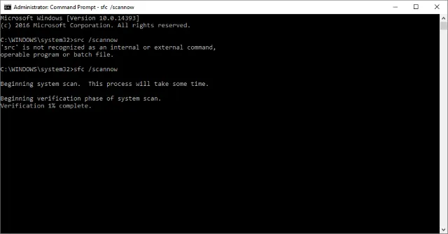 Cửa sổ Command Prompt đang chạy lệnh sfc /scannow để kiểm tra và sửa lỗi file hệ thống
