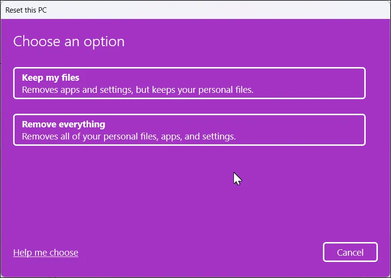 Cửa sổ &quot;Đặt lại PC này&quot; với các tùy chọn đặt lại (giữ lại file hoặc xóa tất cả) trong Windows 11