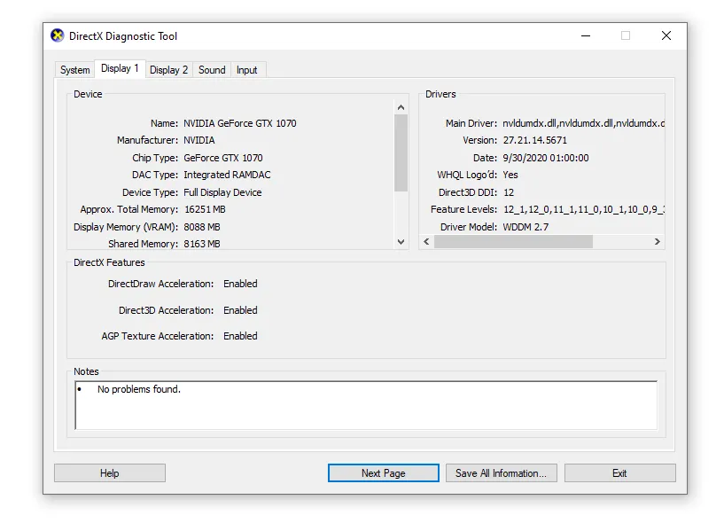 Cửa sổ DirectX Diagnostic Tool hiển thị thông tin chi tiết về card đồ họa