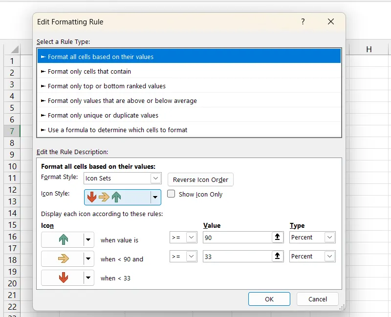 Cửa sổ Edit Formatting Rule trong Excel, cho phép người dùng định nghĩa các điều kiện hiển thị biểu tượng dựa trên giá trị của ô, ví dụ giá trị lớn hơn hoặc bằng 90 sẽ hiển thị mũi tên xanh.