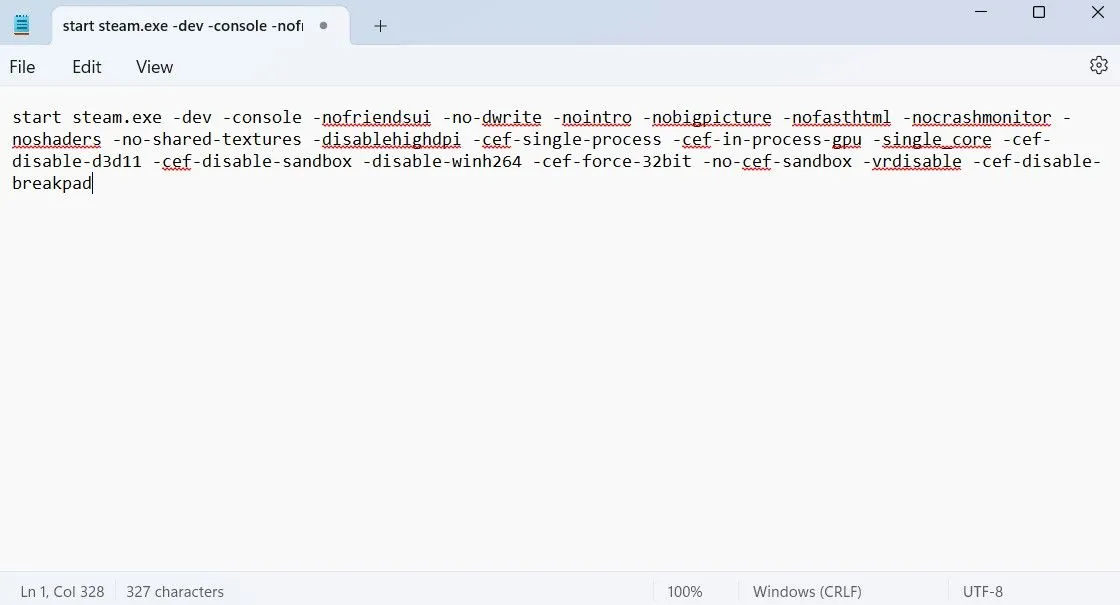 Cửa sổ Notepad với chuỗi lệnh tạo file batch tối ưu Steam