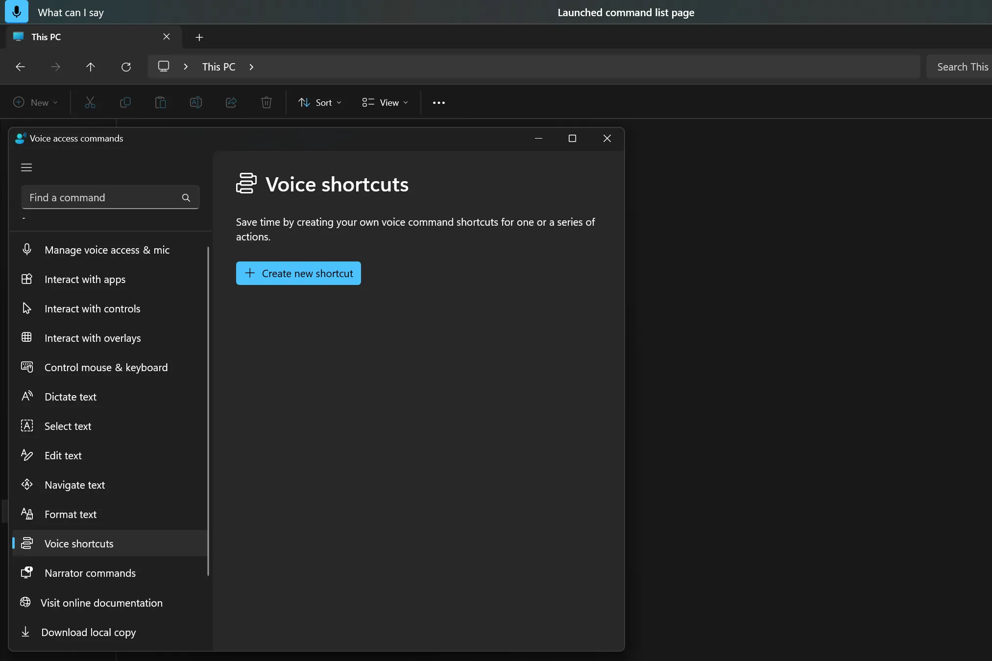 Cửa sổ phím tắt giọng nói của Voice Access trên Windows 11
